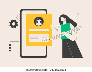 Electronic signature abstract concept vector illustration. E-signature template, e-sign consent agreement, secure identification and encryption, seamless transaction, private key abstract metaphor.