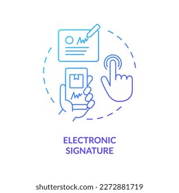 Icono de concepto de degradado azul de firma electrónica. Documento para recibir el pedido. Ilustración de línea delgada de idea abstracta de identificación de persona virtual. Dibujo de contorno aislado. Se usa una fuente Myriad Pro-Bold