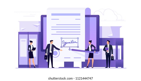 Electronic Signature. Business Concept Of Contracting Online. Businessmen Make An Online Deal. Template Banner Design In A Flat Style. Vector Illustration.