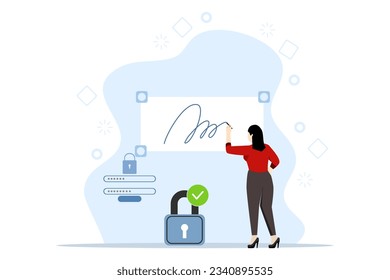 electronic signature concept. Digital signature, business contract, electronic contract. Businesswoman signing contract with digital pen on phone. Flat vector illustration for web banner, mobile app.