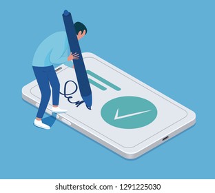 Electronic signature concept. Tiny man with a big pen in his hands and smartphone. Vector illustration