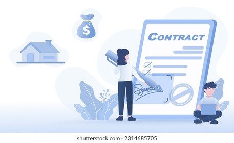 Electronic signature concept. Woman standing holding pen doing online digital signature on tablet screen. Secure identity verification at time to purchase and approval. Flat vector illustration.