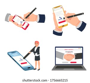 Electronic Signature, Digital Currency, Smart Contract Vector Set. Smart Contract Icon, Images, Design Concept. Vector Images Of Electronic Signature, Smart Contract. Online Contract, Internet Payment