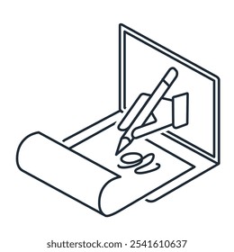 Assinatura eletrônica. Formulário digital de documento eletrônico anexado.Ilustração linear do vetor isolada no fundo branco.