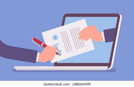 Electronic signature on laptop. Business Esignature technology, digital form attached to electronically transmitted document, verification of intent to sign agreement, legal deal. Vector illustration