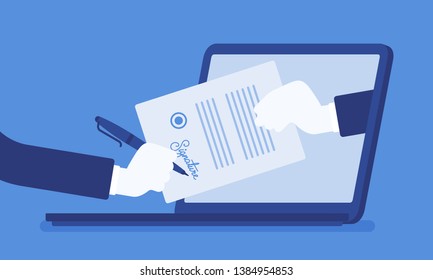 Electronic signature on laptop. Business Esignature technology, digital form attached to electronically transmitted document, verification of intent to sign agreement, legal deal. Vector illustration