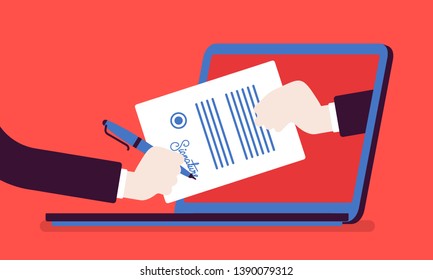 Electronic signature on laptop. Business Esignature technology, digital form attached to electronically transmitted document, verification of intent to sign agreement, legal deal. Vector illustration