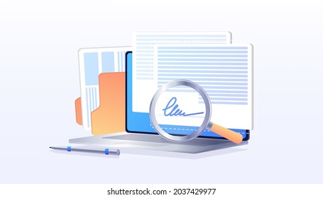 Electronic signature on laptop. Business E-signature technology, digital form attached to electronically transmitted document, verification of intent to sign agreement, legal deal. Web