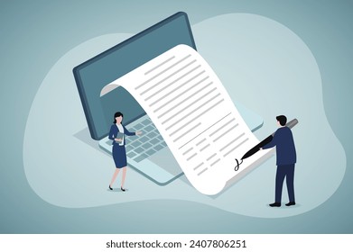 Electronic signature on laptop. Business E-signature technology, digital form attached to electronically transmitted document, verification of intent to sign agreement, E-commerce,  legal deal. Vector