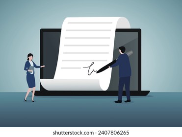 Electronic signature on laptop. Business E-signature technology, digital form attached to electronically transmitted document, verification of intent to sign agreement, E-commerce,  legal deal. Vector