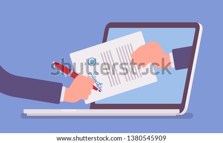 Electronic signature on laptop. Business Esignature technology, digital form attached to electronically transmitted document, verification of intent to sign agreement, legal deal. Vector illustration