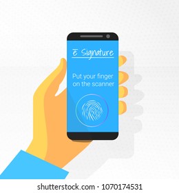 electronic signature on mobile phone with fingerprint scan in display. e signature vector illustration