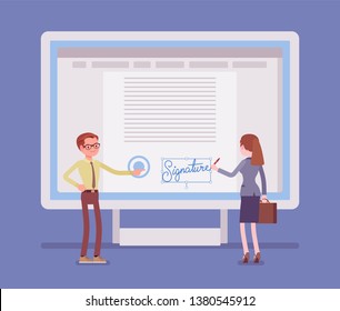 Electronic signature on PC screen. Esignature technology for male and female business partnership, legal verification to sign agreement, safe e-commerce data in electronic form. Vector illustration