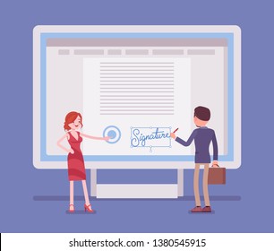 Electronic signature on PC screen. Esignature technology for male and female business partnership, legal verification to sign agreement, safe e-commerce data in electronic form. Vector illustration