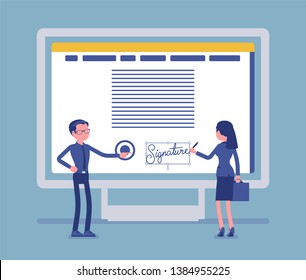 Electronic signature on PC screen. Esignature technology for male and female business partnership sign agreement, safe e-commerce data in electronic form. Vector illustration, faceless characters