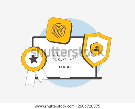 Electronic signature for secure online document signing, digital authentication, and biometric e-signature solutions. Paperwork with legally binding digital contracts. Vector illustration and icons