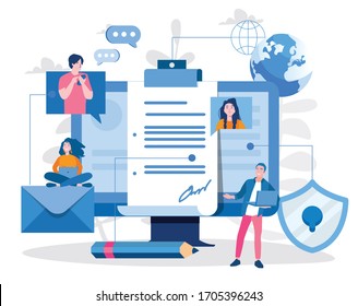 Electronic signature. sign agreement and legal deal. Vector illustration for web banner, infographics, mobile. Electronic Document, digital form document, verification, sign agreement