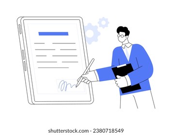 Electronic signature software abstract concept vector illustration. Confident businessman signing document online using tablet, smart business technology, company teamwork abstract metaphor.