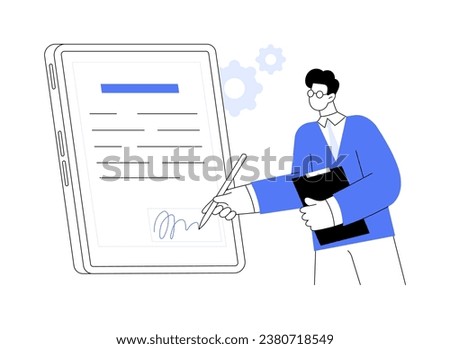 Electronic signature software abstract concept vector illustration. Confident businessman signing document online using tablet, smart business technology, company teamwork abstract metaphor.