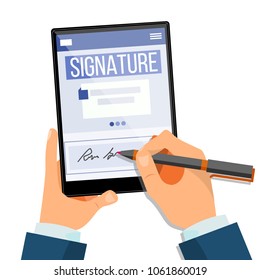 Electronic Signature Tablet Vector. Electronic Document, Contract. Digital Signature. Isolated Illustration