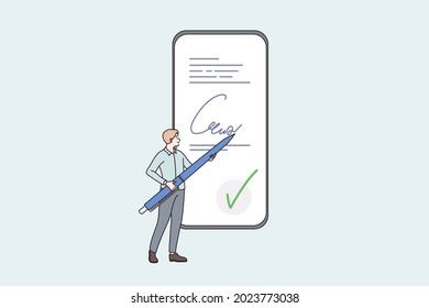 Electronic signature and technologies concept. Small man standing holding big pen in his hands making signature signing paper online on smartphone screen vector illustration 