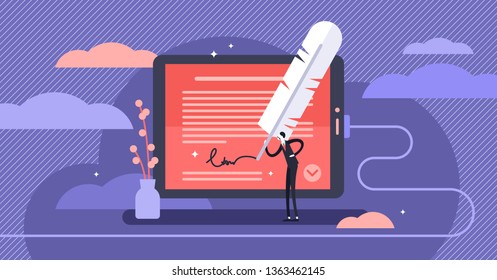Electronic signature vector illustration. Flat tiny e-document persons concept. Online transaction agreement protection. Privacy verification with electric autograph on device. Safe contract system.