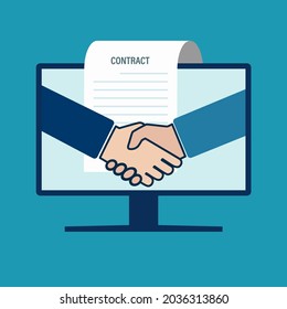 Electronic signing of a contract or agreement. A handshake on the monitor or display screen. Flat style.
