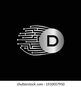 Electronic Silver Circuit Board Letter D Logo Design. Electronic Letter D Logo Design. Modern and digital Logo Design for Letter D.