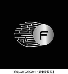 Electronic Silver Circuit Board Letter F Logo Design. 