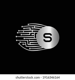 Diseño del logotipo de la tarjeta S del circuito electrónico de plata. 