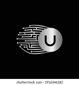 Diseño del logotipo de la tarjeta de la placa U del circuito electrónico de plata. 