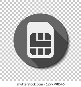 Electronic sim card, plastic mobile chip for cellphone. Simple icon. flat icon, long shadow, circle, transparent grid. Badge or sticker style