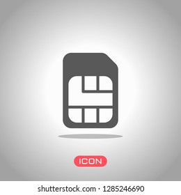 Electronic sim card, plastic mobile chip for cellphone. Simple icon. Icon under spotlight. Gray background