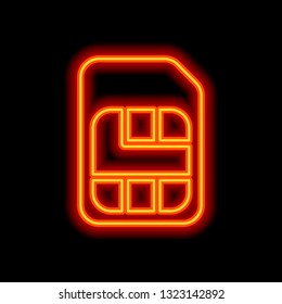 Electronic sim card, plastic mobile chip for cellphone. Simple icon. Orange neon style on black background. Light icon