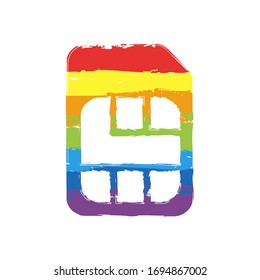 Electronic sim card, plastic mobile chip for cellphone. Simple icon. Drawing sign with LGBT style, seven colors of rainbow (red, orange, yellow, green, blue, indigo, violet
