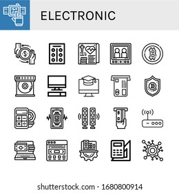 electronic simple icons set. Contains such icons as Smartwatch, Transaction, Tablets, Medical record, Monitor, Bitcoin, Dvd player, Computer, can be used for web, mobile and logo