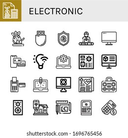 electronic simple icons set. Contains such icons as Calculator, Laptop, Flash drive, Bitcoin, Engineer, Computer, Payment method, Light control, can be used for web, mobile and logo