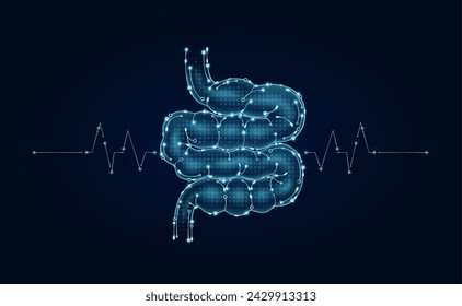 Electronic small intestine and pulse wave glowing between connecting lines. Human organ microchip data circuit code. Medical science of technology futuristic digital innovative health care. Vector.