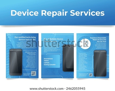 Electronic smart digital device repair service poster with smartphone design template set vector illustration. Mobile phone laptop tablet gaming console maintenance fixing technician support