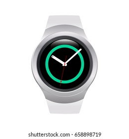 Electronic smart watches Samsung Gear S2 Sports isolated on white background. Wristwatch with hands showing time. Vector illustration