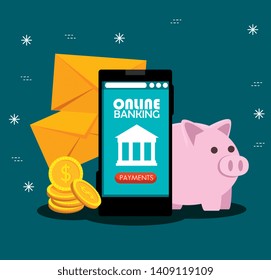 electronic smartphone with online banking technology and coins with piggy