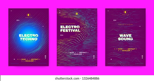 Electronic Sound Concept, Music Posters. Wave Dotted Distorted Lines, Neon Round. Abstract Futuristic Banner with Electronic Party Visualization. 3d Circle and Effect of Movement, Electronic Festival.