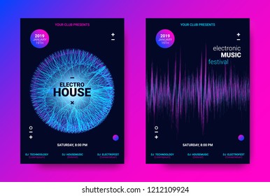 Electronic Sound Flyer. Music Equalizer Vector Design. Amplitude of Distorted Wave Lines. Abstract Poster for Electronic Dance Event. Circle with Glow Effect. Futuristic Electronic Music Movement.