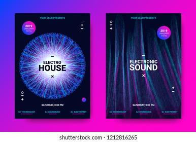 Electronic Sound Flyer. Music Equalizer Vector Design. Amplitude of Distorted Wave Lines. Abstract Poster for Electronic Dance Event. Circle with Glow Effect. Futuristic Electronic Music Movement.