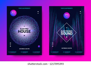 Electronic Sound Flyer. Music Equalizer Vector Design. Amplitude of Distorted Wave Lines. Abstract Poster for Electronic Dance Event. Circle with Glow Effect. Futuristic Electronic Music Movement.