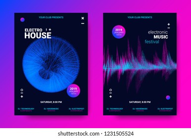 Electronic Sound Flyer. Music Equalizer Vector Design. Amplitude of Distorted Wave Lines. Abstract Poster for Electronic Dance Event. Circle with Glow Effect. Futuristic Electronic Music Movement.