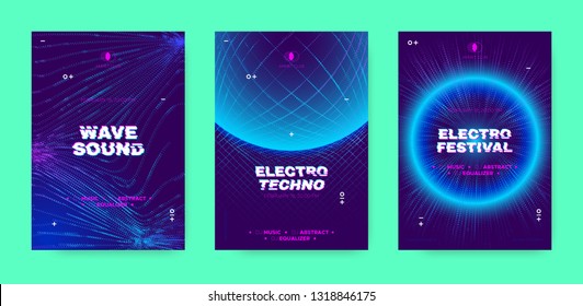 Electronic Sound Party Poster, Abstract Wave Distorted Lines. Music Flyer for Dj Event Promotion. Techno Festival, Night Party Concept with 3d, Neon Effect. Abstract Technology Cover or Party Banners.