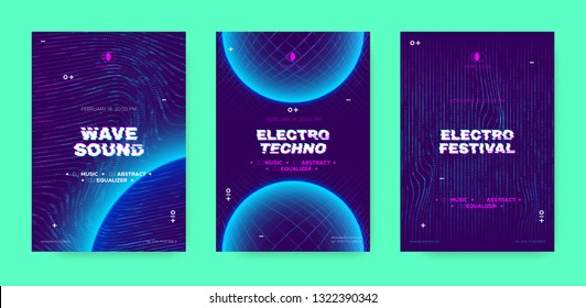 Electronic Sound Party Poster, Abstract Wave Distorted Lines. Music Flyer for Dj Event Promotion. Techno Festival, Night Party Concept with 3d, Neon Effect. Abstract Technology Cover or Party Banners.