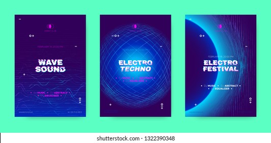 Electronic Sound Party Poster, Abstract Wave Distorted Lines. Music Flyer for Dj Event Promotion. Techno Festival, Night Party Concept with 3d, Neon Effect. Abstract Technology Cover or Party Banners.
