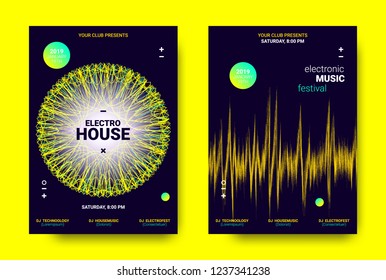 Electronic Sound Poster. Techno Music Festival Promotion. Vector Wave Amplitude Design. Wave Poster Concept with Movement. Equalizer of Distorted Lines. Abstract Sound Poster for Dj Performance.